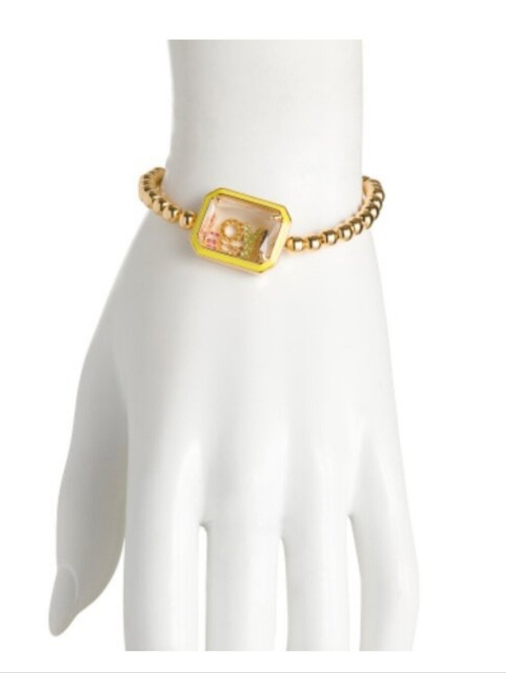 Kurt Geiger Gold-Tone Beaded Stretch Bracelet with Hexagon Rainbow LOVE Locket